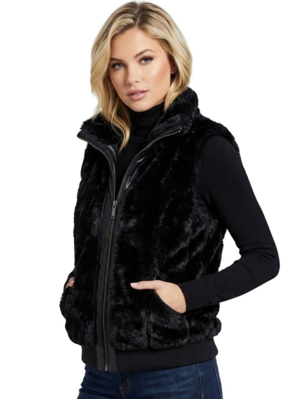 JouJou Faux Fur Black Full Zip Pocket Vest Size 1X